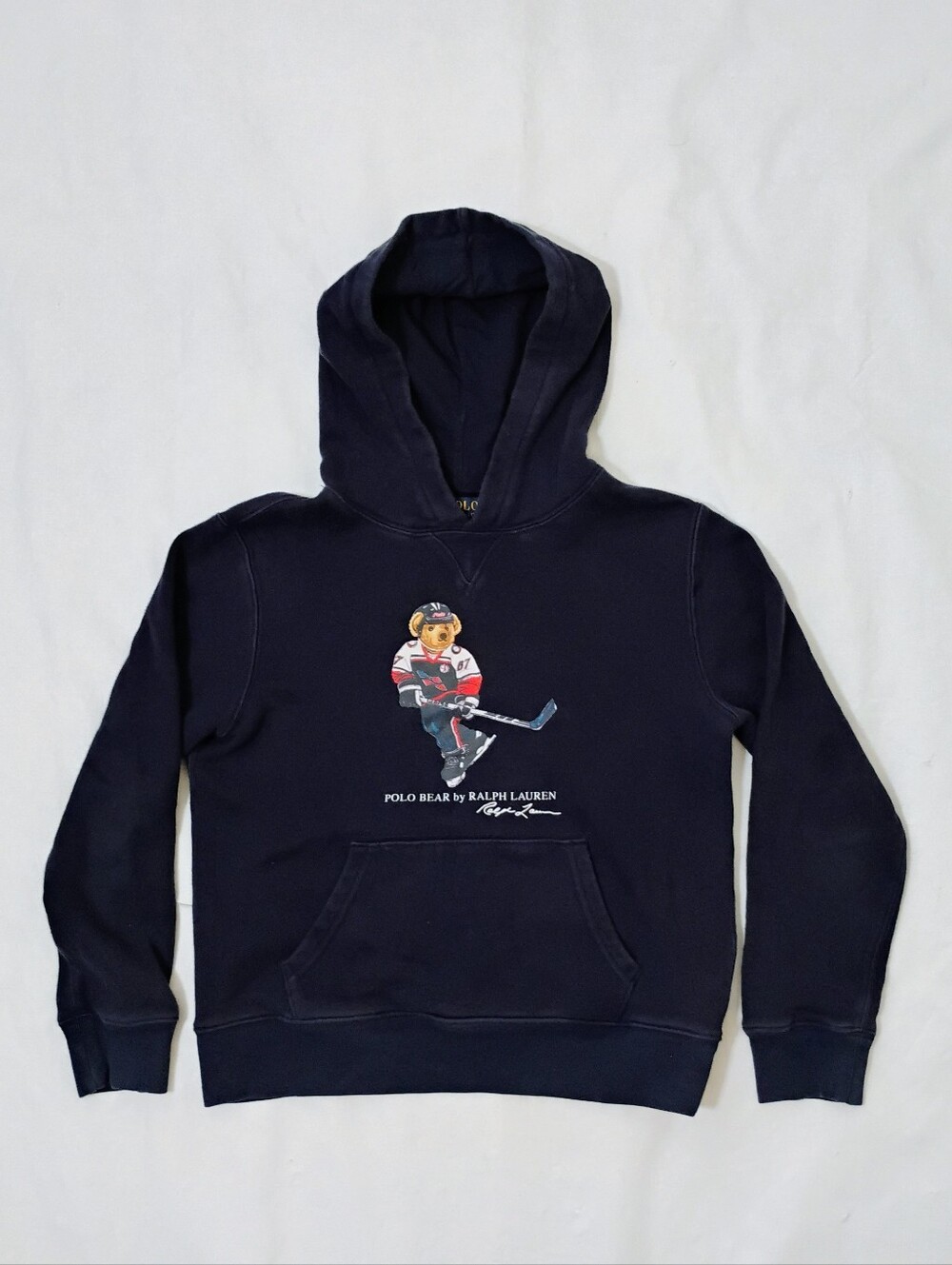 Youth Ralph Lauren Polo Bear Hockey Player Navy Hoodie Sweatshirt Size M(10-12)